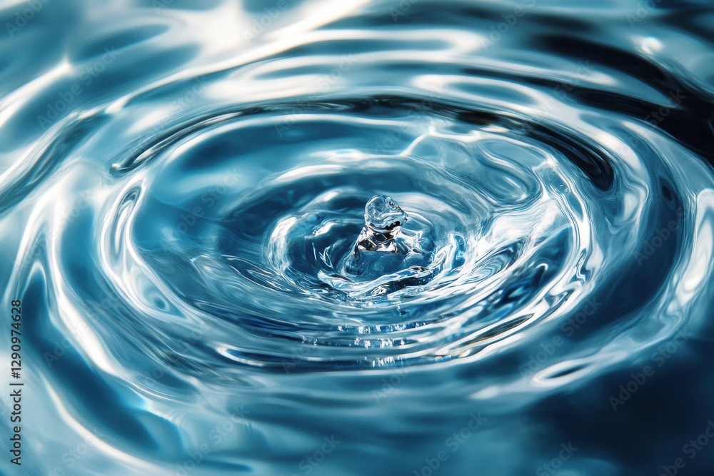 Poster water drop creating concentric ripples on blue liquid surface