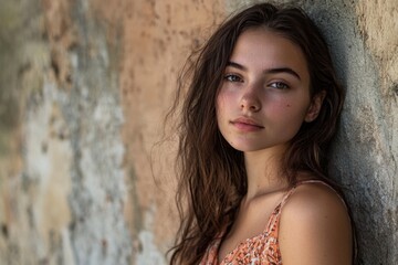 A young woman leans against a wall with a relaxed expression