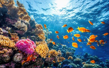 Obraz premium Colorful coral reef teeming with exotic marine life and crystal-clear water