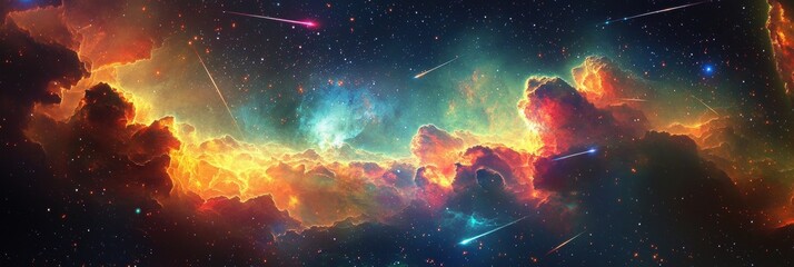 Obraz premium Colorful cosmic storm with radiant gas clouds and shooting stars
