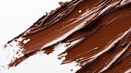Fototapeta premium Close-up of rich, dark brown paint or chocolate smear on white background; textured strokes.