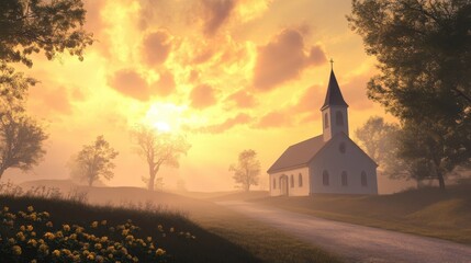 Fototapeta premium A white church sits amidst a warm sunlit misty landscape