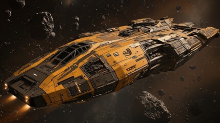 A lost spaceship drifting through an asteroid field