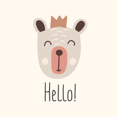 Cute bear face illustration with crown and Hello text baby design vector illustration