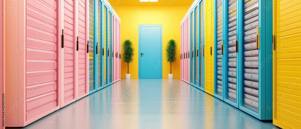 Poster long hallway featuring multiple lockers with bright lighting and clean lines