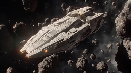 A lost spaceship drifting through an asteroid field