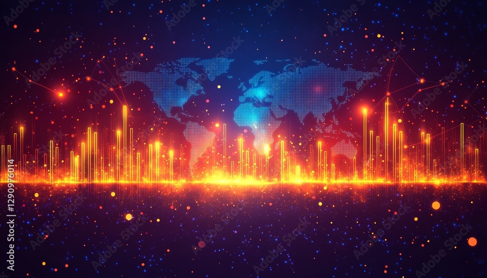 Poster abstract global network and cityscape with data connection and world map, digital communication
