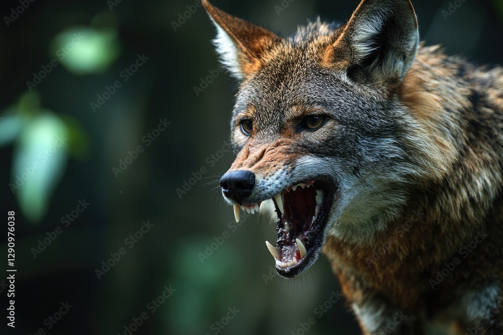 Poster a close-up view of a wolf's open mouth, suitable for wildlife or nature-themed projects