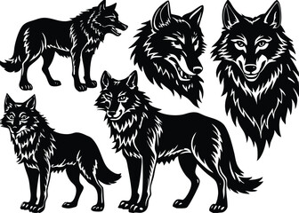 Wolf Silhouette set black Vector design, Wolf Illustration Vector animal set Design for Printing and Craft Projects.