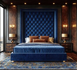This elegant bedroom features a luxurious blue upholstered headboard, warm lighting, and stylish furnishings, perfect for contemporary interior design. Copy space