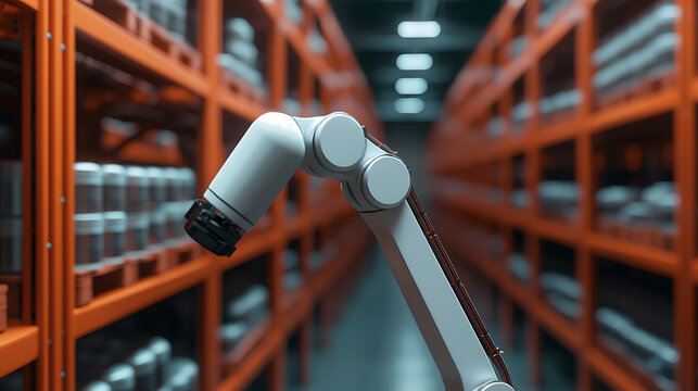 Robotic arm automating product movement from conveyor to shelves in a warehouse environment innovative technology efficient logistics