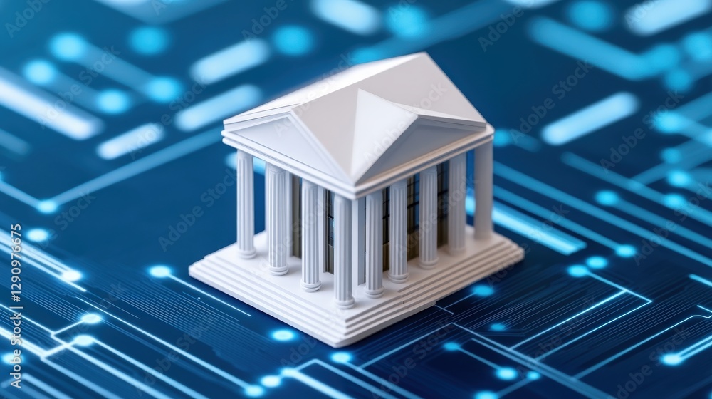 Poster modern bank building integrated into a futuristic circuit board design concept