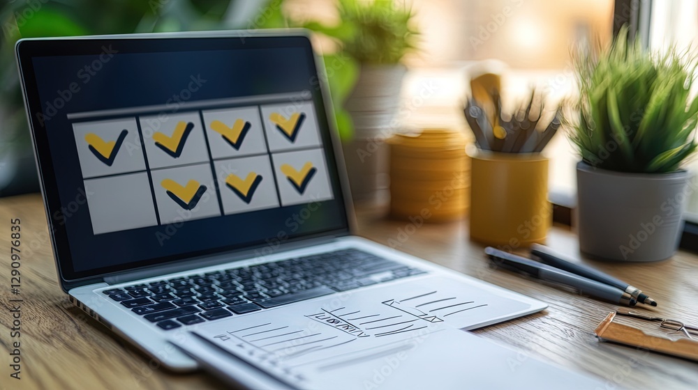 Poster professional workspace with laptop showing checklist with checkmarks, productivity concept