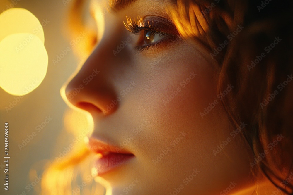 Poster a close-up of a woman's face with soft, warm lights in the background, suitable for use as a profile