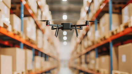 Futuristic drone robots navigating a warehouse high-tech automation industrial environment aerial viewpoint innovative technology