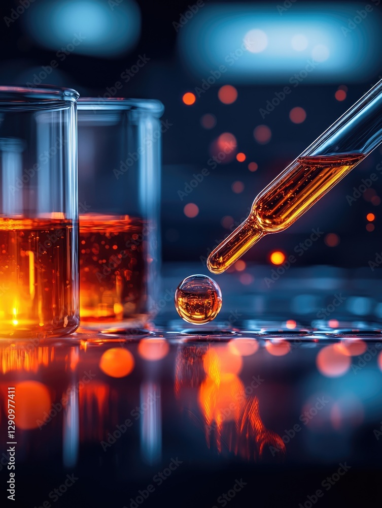 Aufkleber laboratory experiment with glassware dropping liquid sample in a controlled environment macro view o