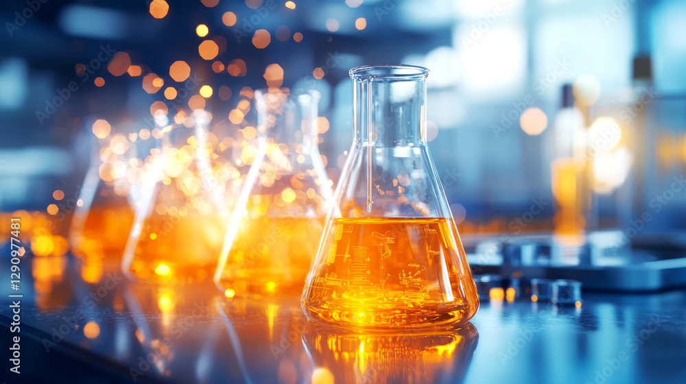 Poster dynamic laboratory experiment with colorful glassware modern science lab action-packed content brigh
