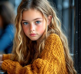 Tranquil Portrait of a Young Girl with Freckles and Wavy Blonde Hair Wearing a Cozy Yellow Sweater