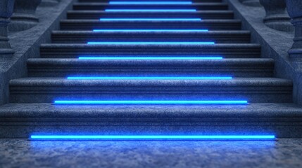 Obraz premium Modern Staircase with Neon Blue Lights Enhancing Elegant Architecture