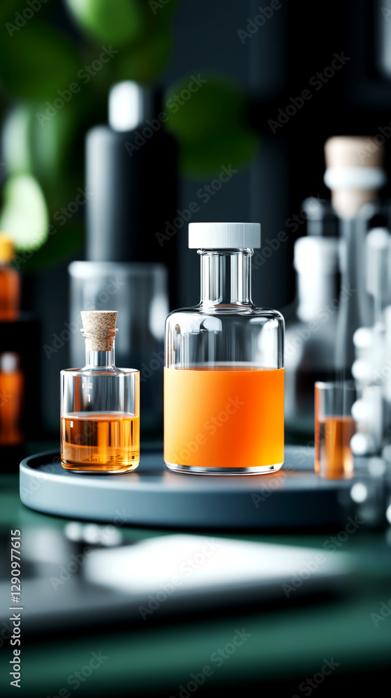 Poster laboratory experiment with glassware featuring colorful liquids modern lab environment close-up view