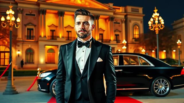 Elegant man in tuxedo standing confidently outside a luxurious venue at night with a car nearby
