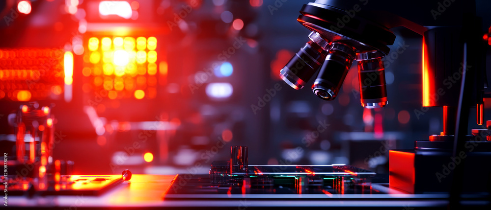 Poster microscopic examination of glassware in a laboratory setting analyzing samples under high-tech equip