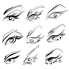 Set of nine black and white minimalist line art  vector illustrations of female eyes with long lashes