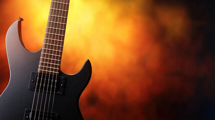 Fototapeta premium of black electric guitar with sharp strings against blurred orange background, evoking vibrant atmosphere