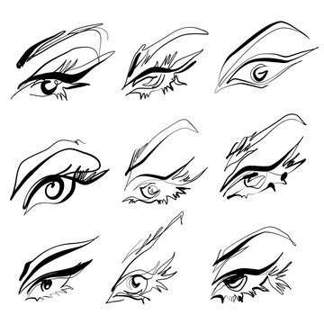 Set of nine black and white minimalist line art  vector illustrations of female eyes with long lashes