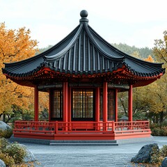 Fototapeta premium Serene Asian Pagoda Pavilion in Autumn Landscape with Black Roof and Red Pillars Tranquil Scene