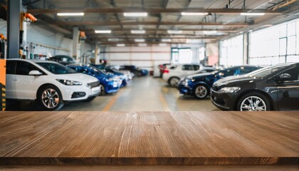 Fototapeta premium Wooden table top inside car service centre. Blurry background shows cars parked in garage