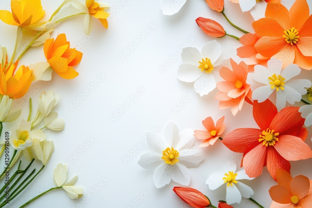Aufkleber A bunch of colorful paper flowers arranged neatly on a white surface, ideal for use in editorial or commercial contexts