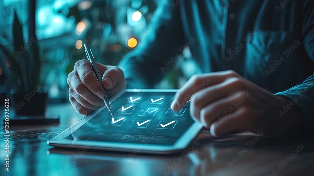 Poster man working on a tablet with checkmark icons on the screen, modern workspace