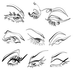 Set of eight black and white minimalist abstract lineart  vector illustrations of female eyes with long lashes

