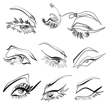 Set of eight black and white minimalist abstract lineart  vector illustrations of female eyes with long lashes
