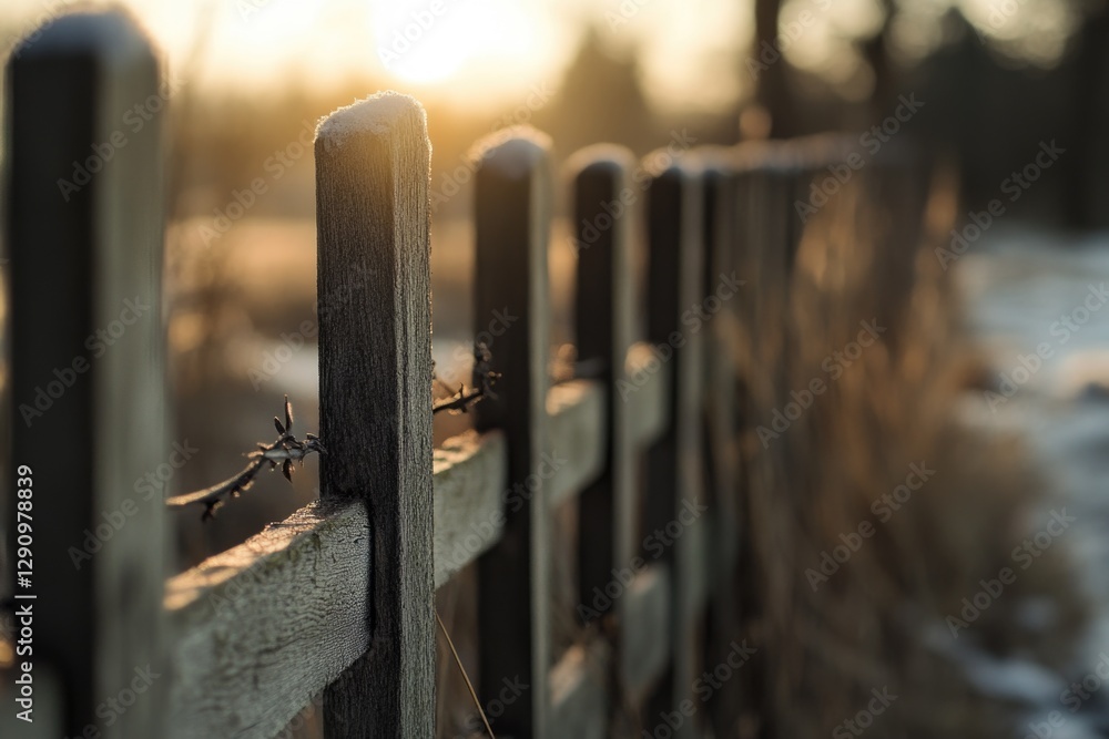 Poster a close-up view of a fence with a bird perched on top, highlighting the details of the structure and