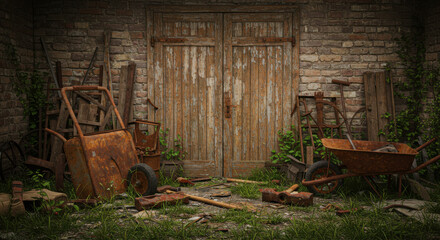 Fototapeta na wymiar Rusting tools outside a closed workshop door