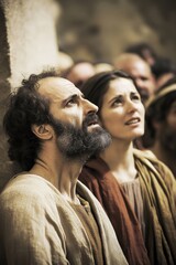 Intense expressions of Ananias and Sapphira during their confrontation with the apostles