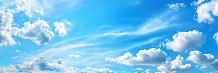 Sky with a blue background, clear white clouds on a summer day. Light shines through, creating a bright view of heaven and perfect weather