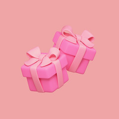 Two simple kawaii pink gift boxes wrapped with bow, ribbon for cozy Valentine's Day celebration floating in air. Colorful presents for anniversary, birthday women's day. 3d render on pastel background