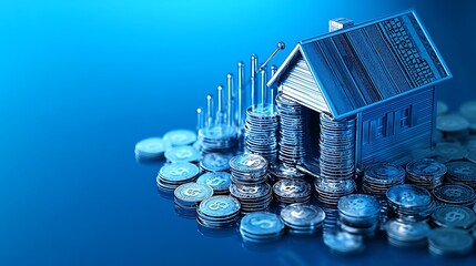 Financial Growth with Coins and Dollar Bill Roof, Stacks of coins arranged in ascending order with a dollar bill roof and upward arrow