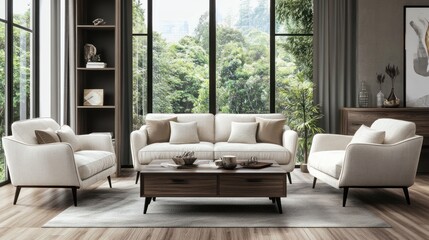 Modern living room with cozy furniture and lush green view outside