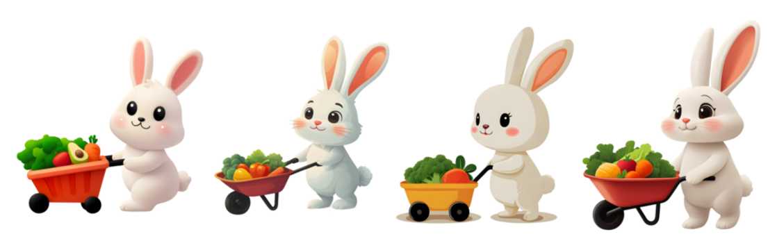 Four set of Cute white rabbit pushing a tiny wheelbarrow filled with vegetables isolated on transparent background cutout