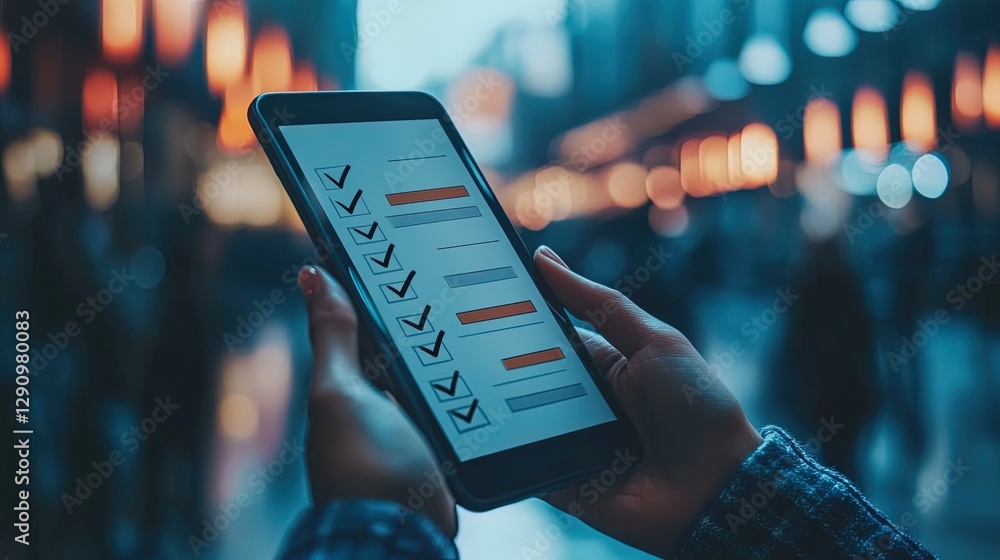 Aufkleber hands holding a digital device with a checklist and checkmarks, professional setting
