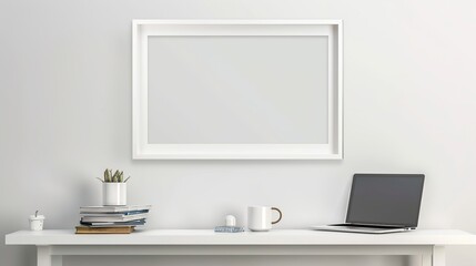 A white rectangular frame above a hallway console table with a cup, a laptop, and a stack of books. HD 8K mockup  wallpaper Photographic Image