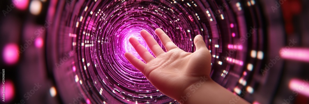 Aufkleber hand gently touching a soft purple light creating a magical and dreamy effect