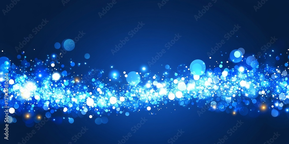 Poster abstract flowing glitter texture with blue bokeh lights on a deep rich dark gradient background