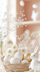Golden Easter eggs in wicker basket with daisies and ceramic bunny