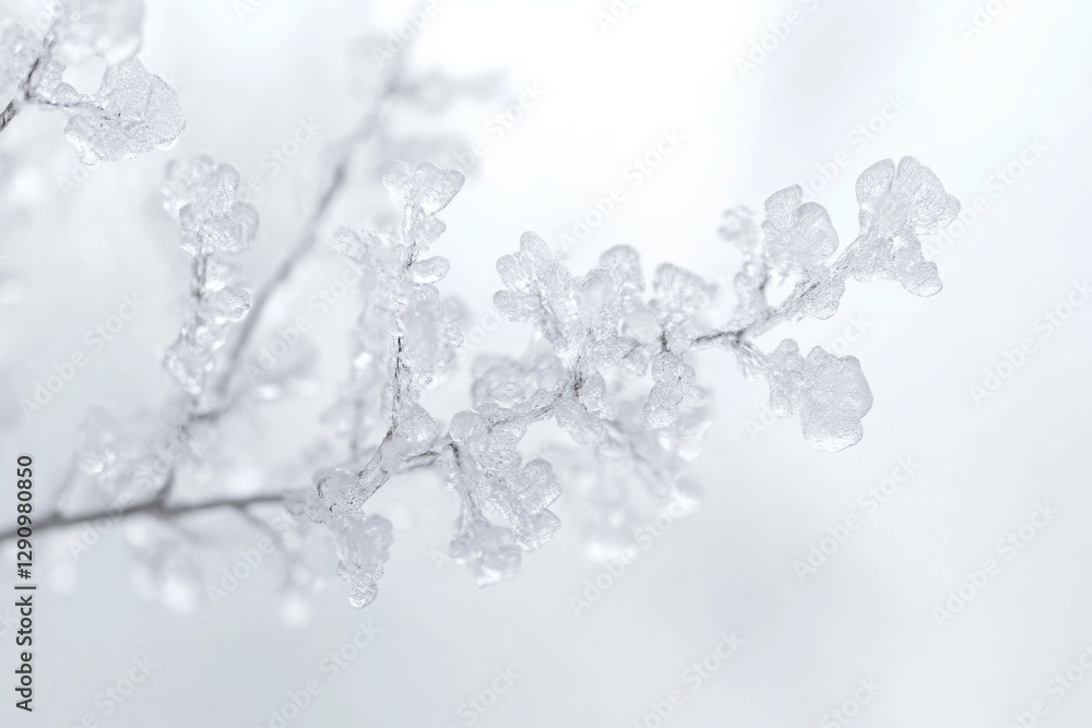 Poster A close-up view of an icy tree branch, with intricate frost patterns and a delicate structure