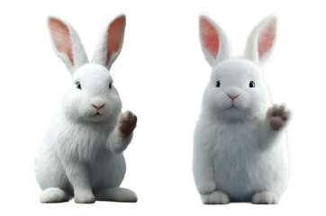 Fototapeta premium Two realistic white rabbit sitting with one paw raised isolated on transparent background cutout